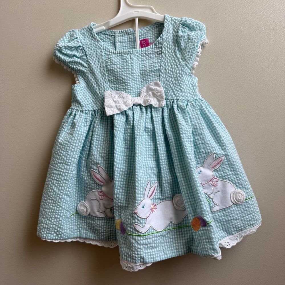Good Lad Turquoise Seersucker Easter Bunny Dress Set Eyelet Bow 18 Months